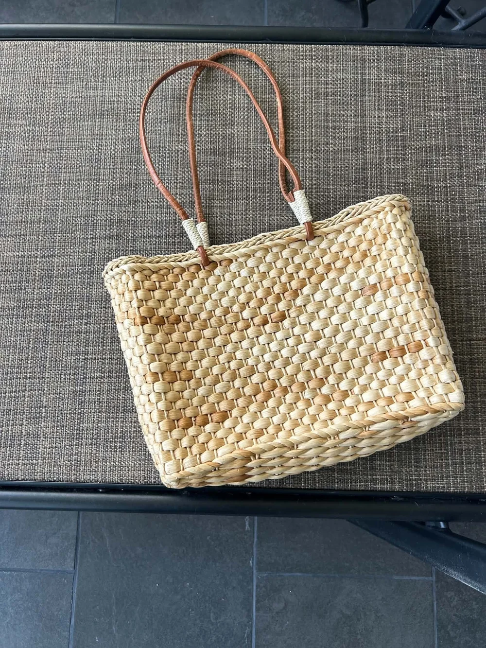 QVC Natural Straw Tote with Blue, Red and Green Embroidered Panels